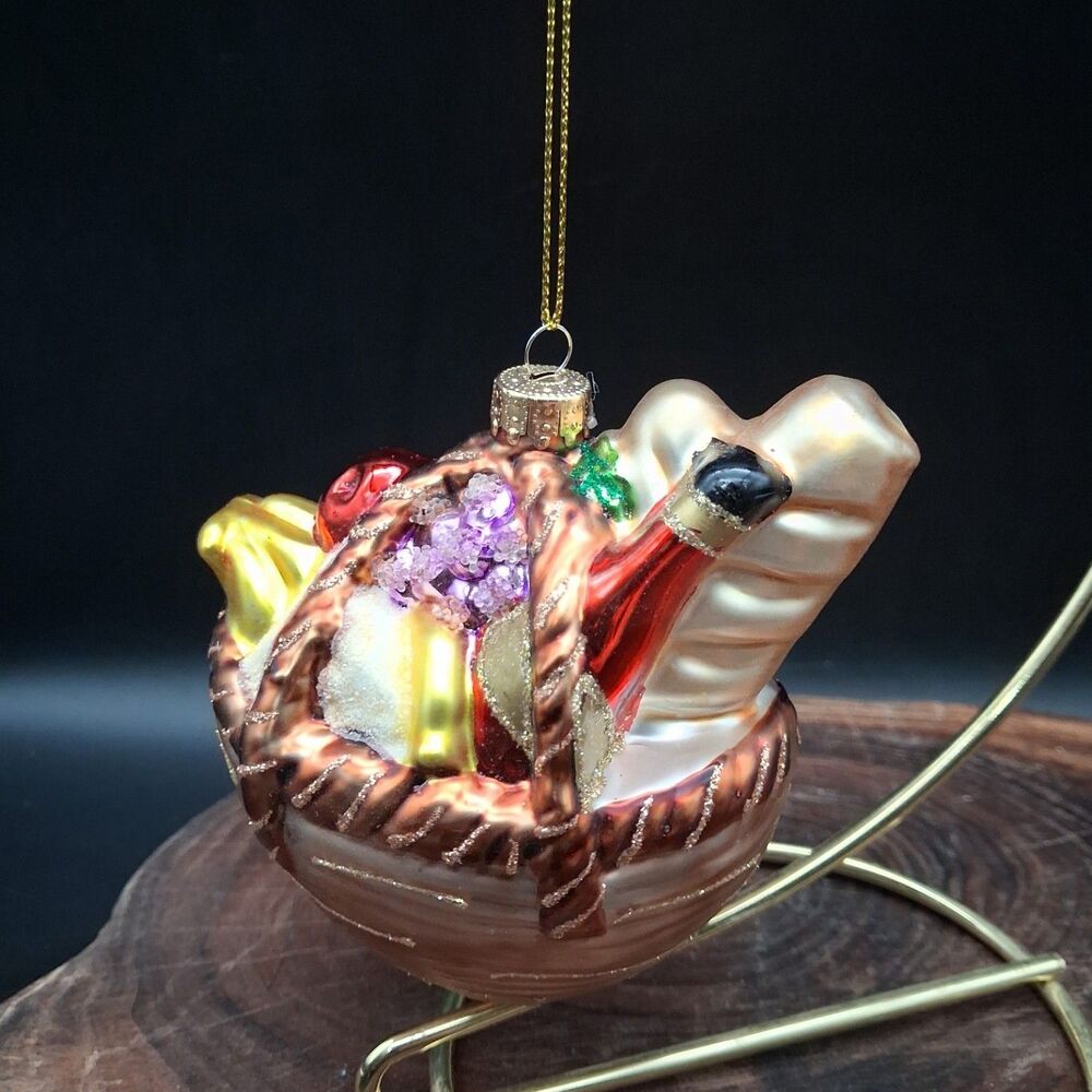 Vintage Unique Treasures Glass Picnic Basket Christmas Ornament Wine Bread Grape - Picture 1 of 5